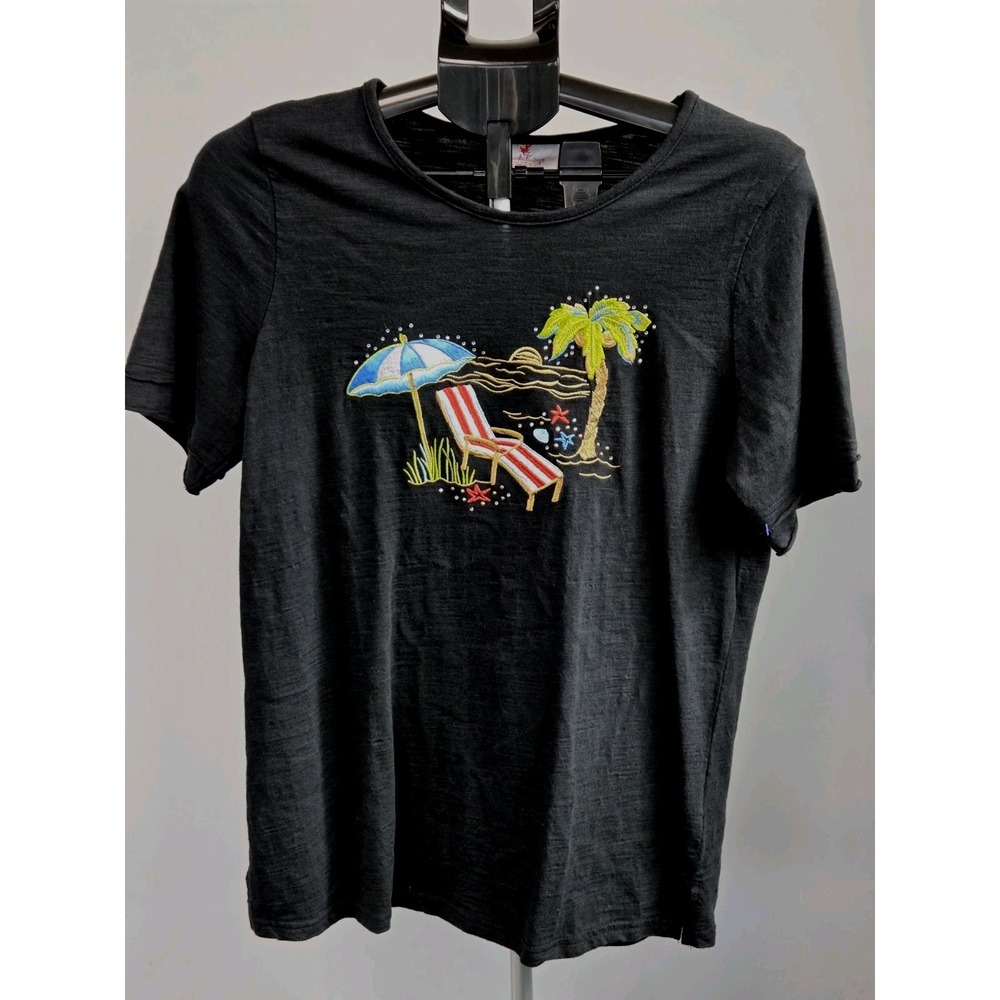 Quacker Factory Summer Scenes Embroidered Black Short Sleeve Top Sequins Size M